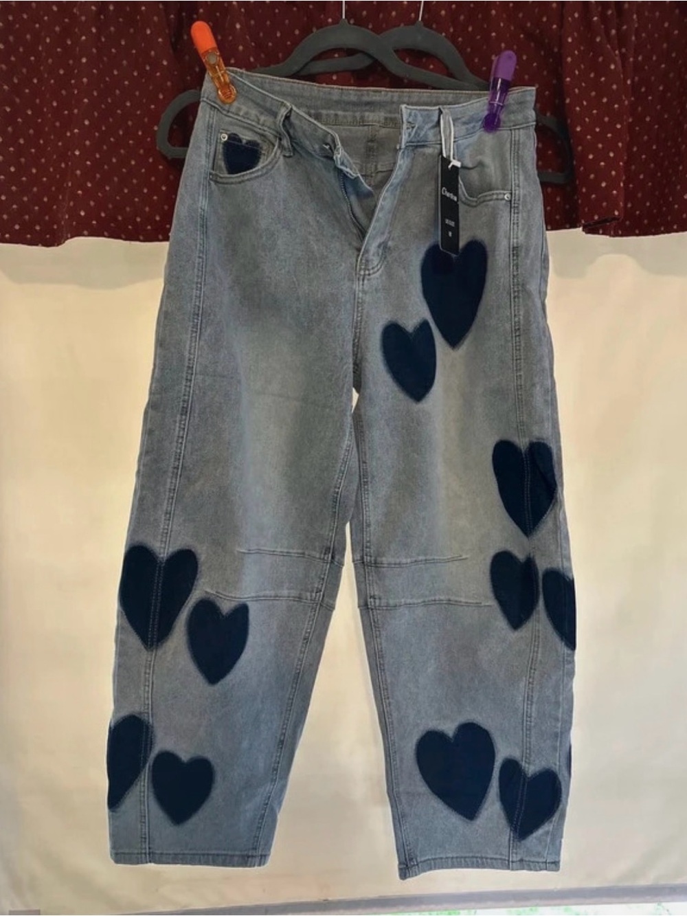 Women’s Light Blue Denim Jeans with Navy Heart Patches